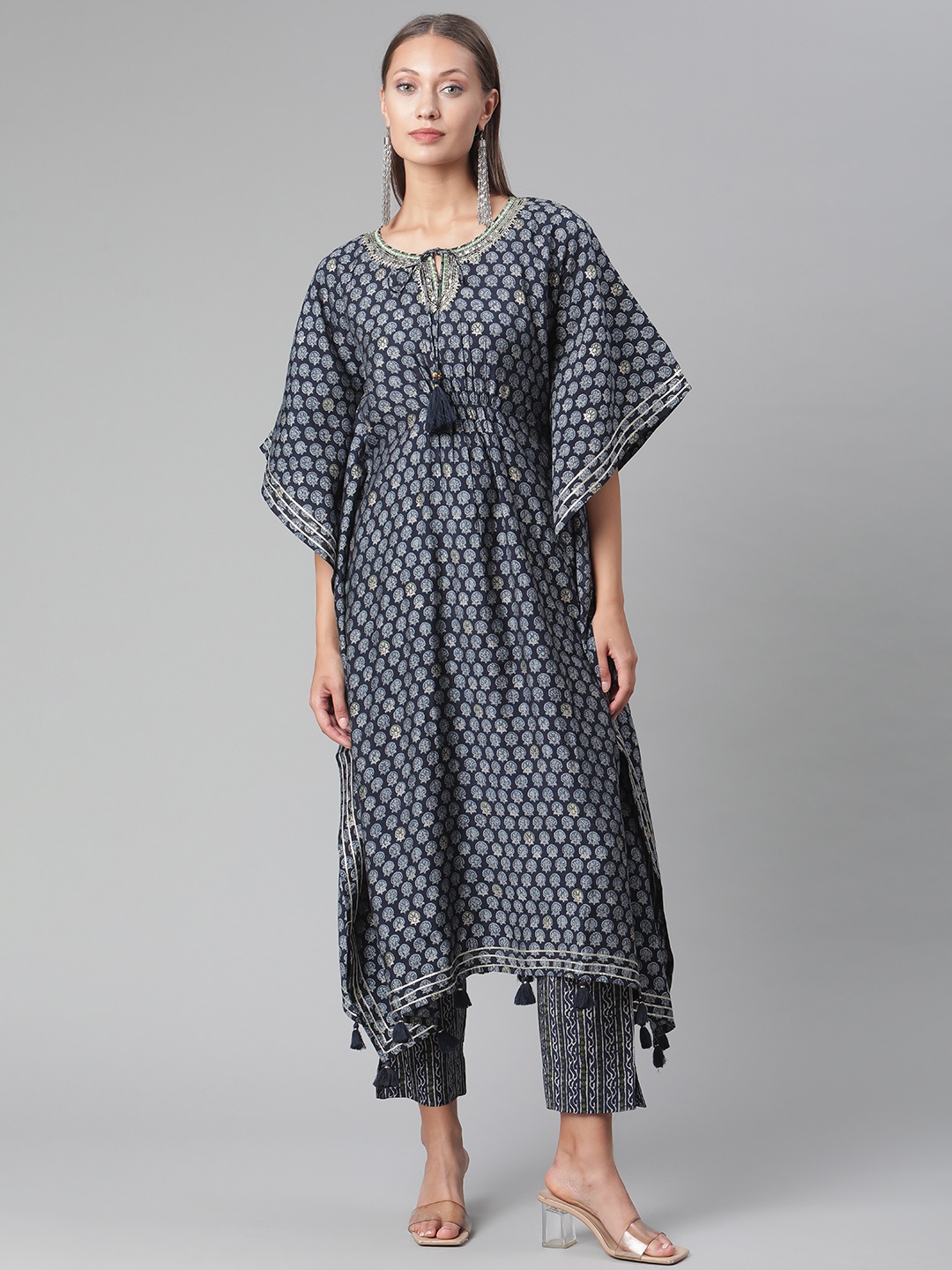 

Divena Deep Navy Blue and White Printed Kurta with Printed Trousers