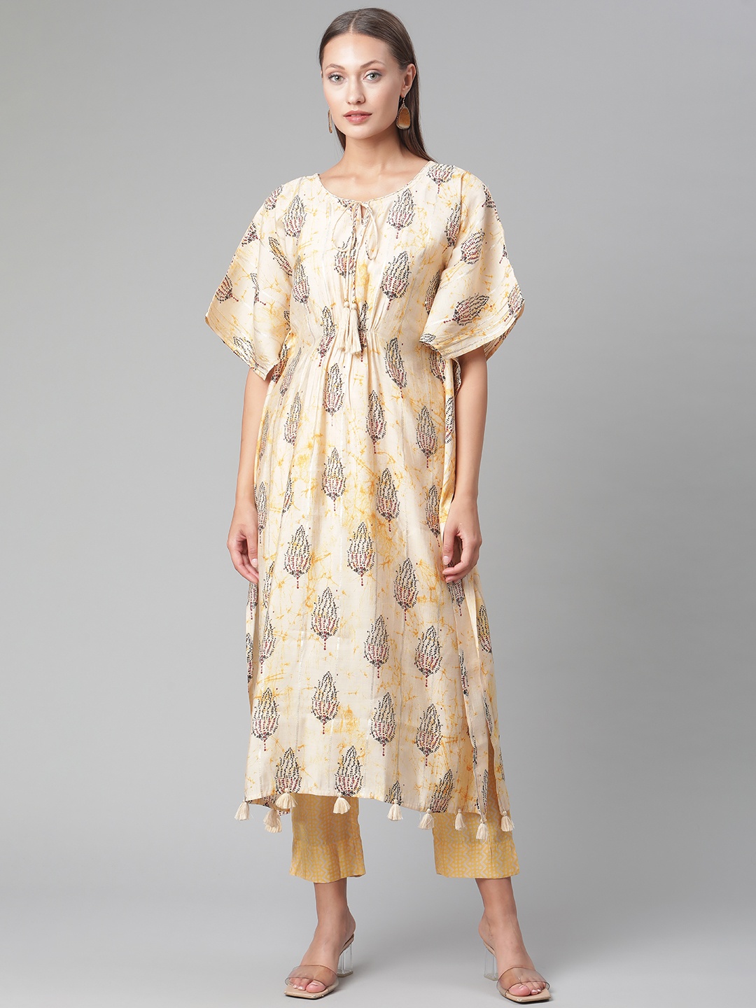 Divena Women Yellow Printed Regular Sequinned Kurta with Trousers