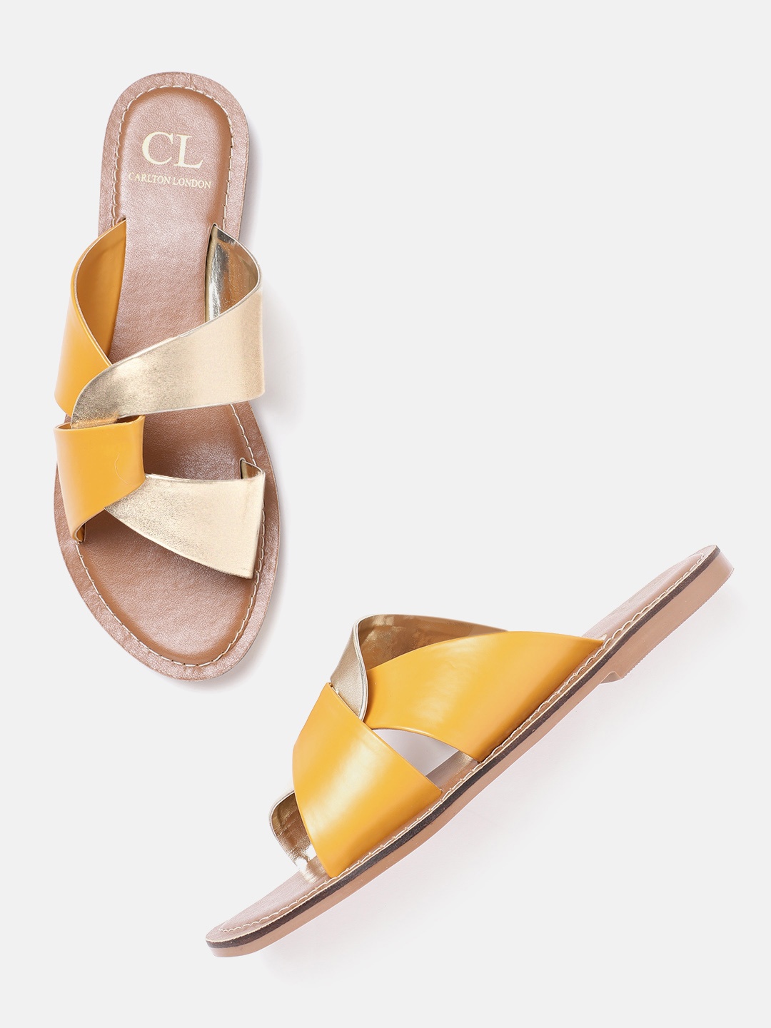 

Carlton London Women Mustard Yellow & Gold-Toned Colourblocked Open Toe Flats