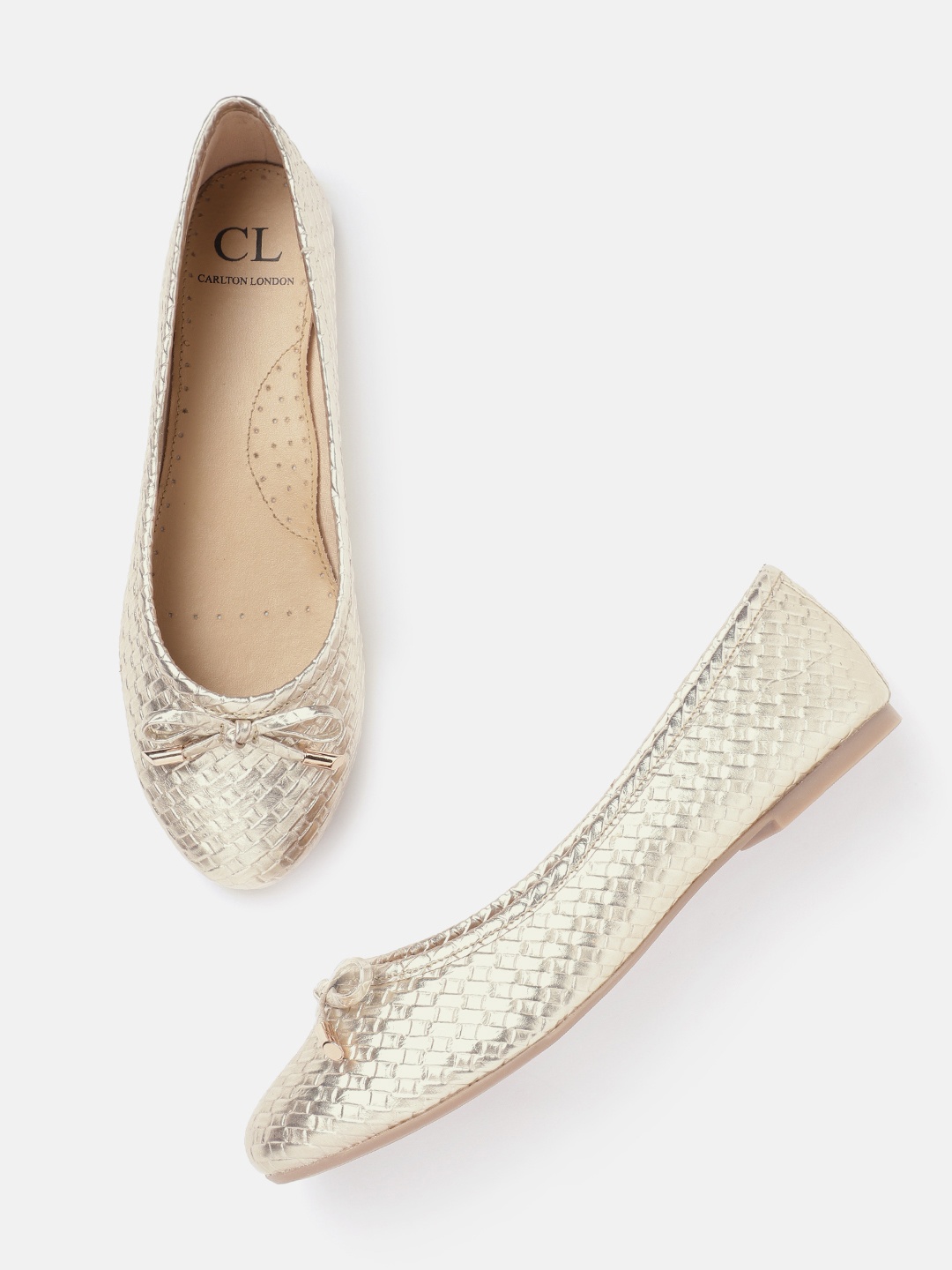 

Carlton London Women Gold-Toned Basketweave Textured Ballerinas with Bows