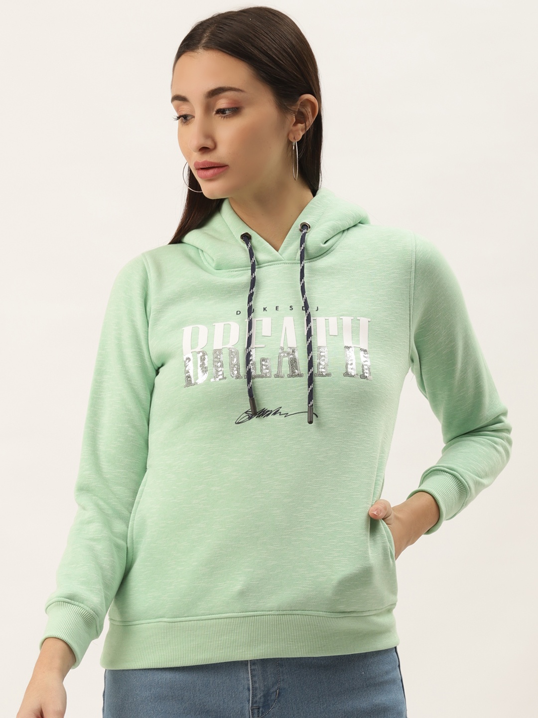 

Duke Women Green Printed Hooded Sweatshirt