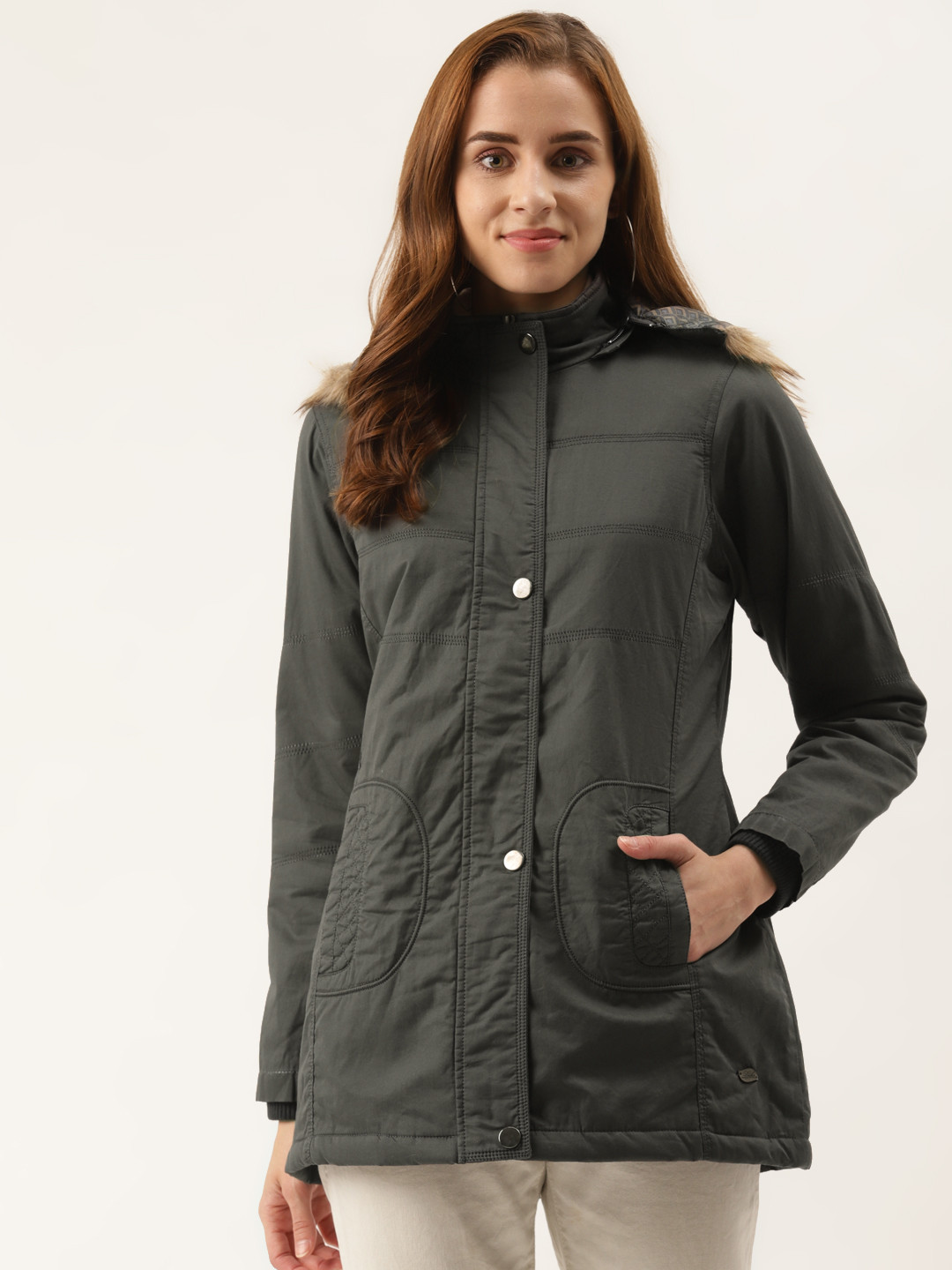 

Duke Women Olive Green Solid Parka Detachable Hooded Jacket