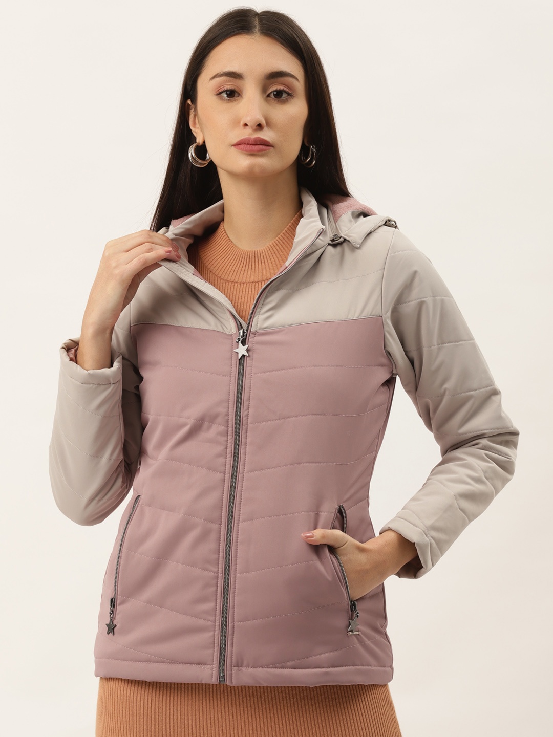 

Duke Women Pink & Grey Colourblocked Padded Jacket