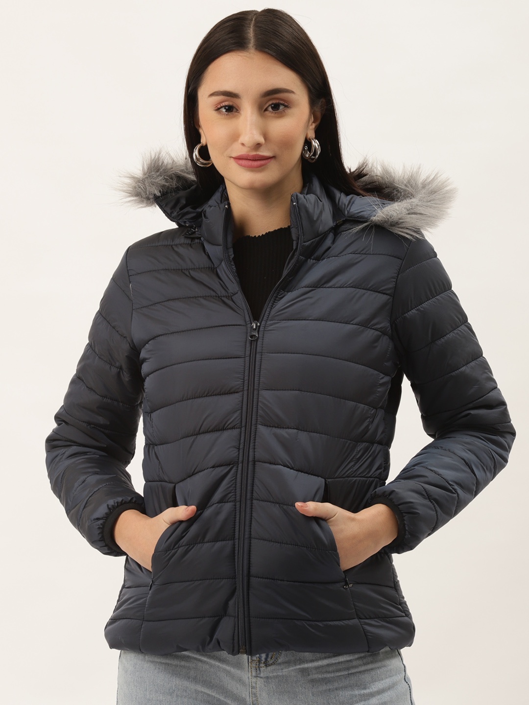 

Duke Women Navy Blue Solid Parka Jacket with Detachable Hood