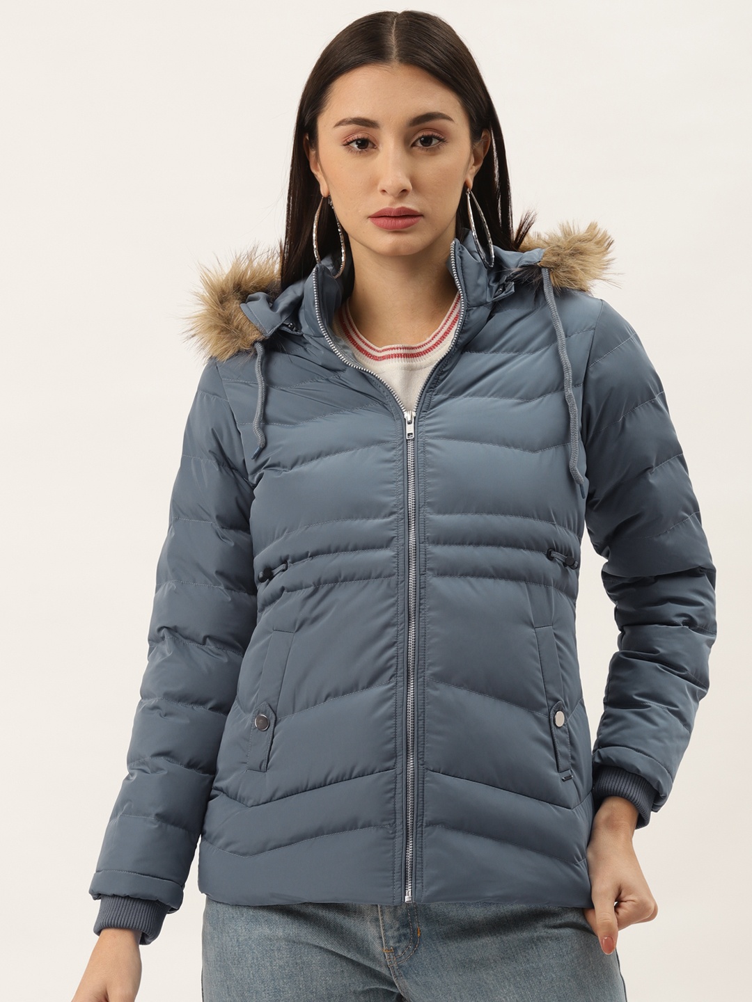 

Duke Women Blue Solid Parka Jacket with Detachable hood