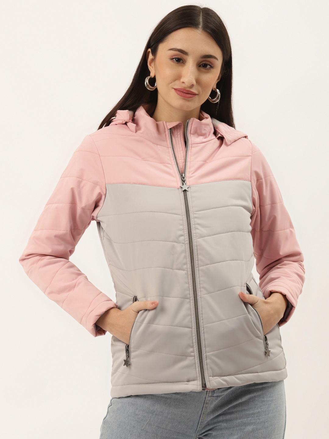 

Duke Women Grey & Pink Colourblocked Padded Jacket with Detachable Hood
