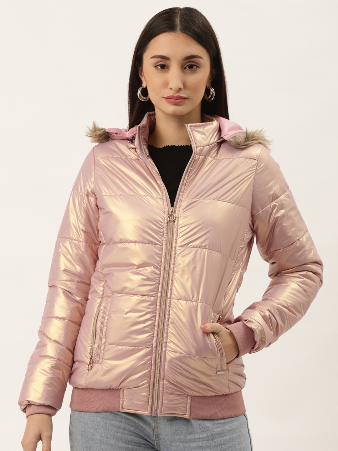 

Duke Women Pink Solid Parka Jacket with Detachable Hood