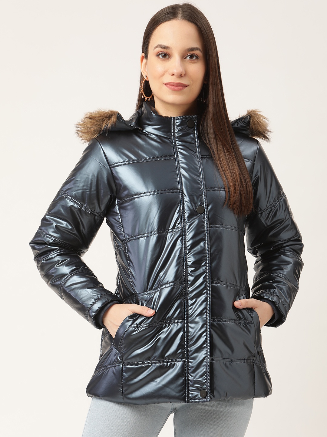 

Duke Women Navy Blue Solid Parka Jacket with Detachable Hood