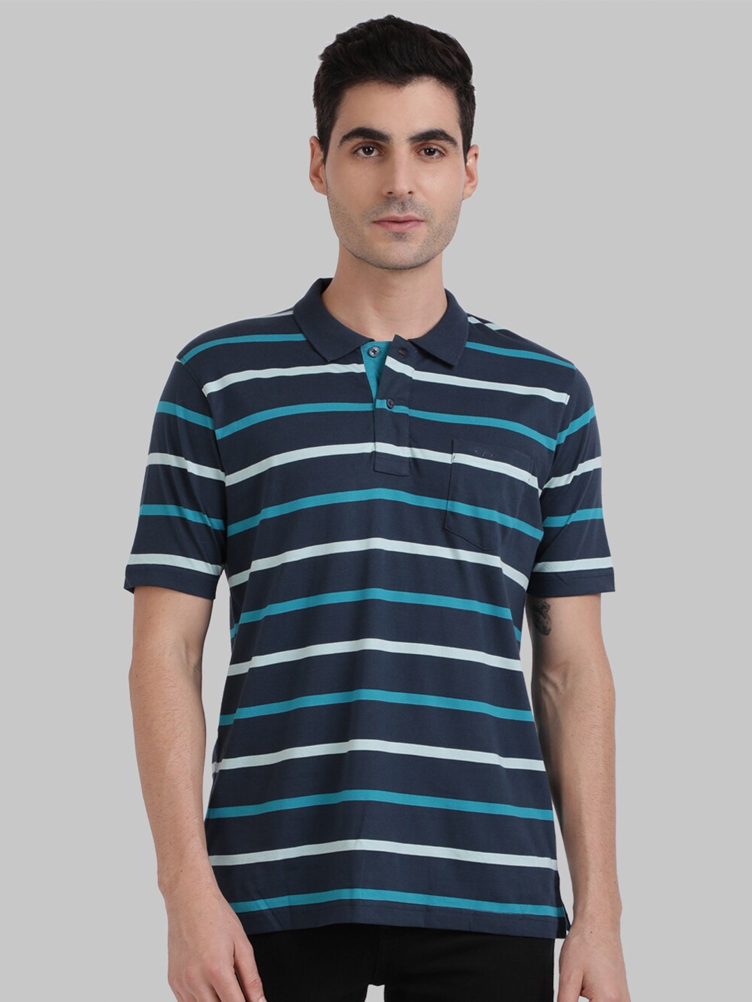 

ColorPlus Men Blue Striped Polo Collar Pocket T-shirt