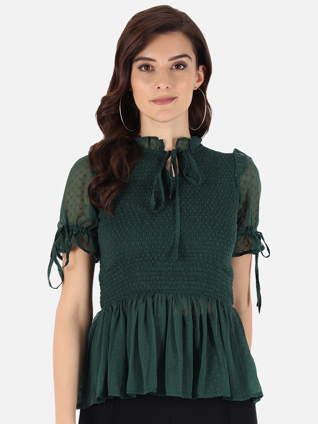 

Trend Arrest Green Tie-Up Neck Chiffon Peplum Top