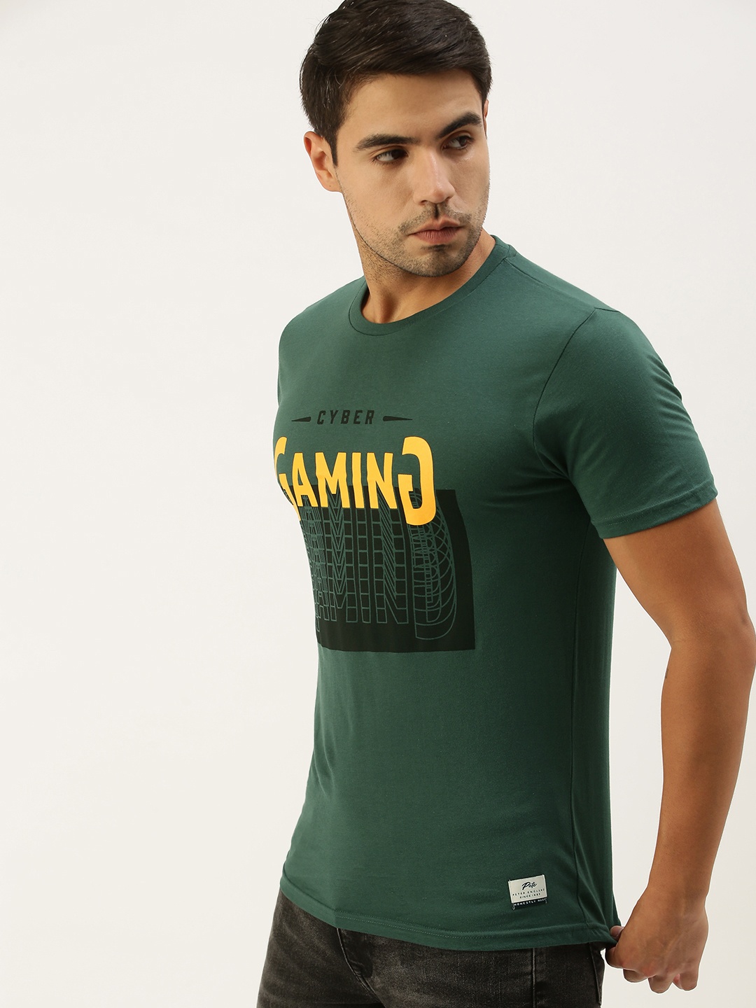 

Peter England Men Green Typography Print Pure Cotton Slim Fit Pure Cotton T-shirt