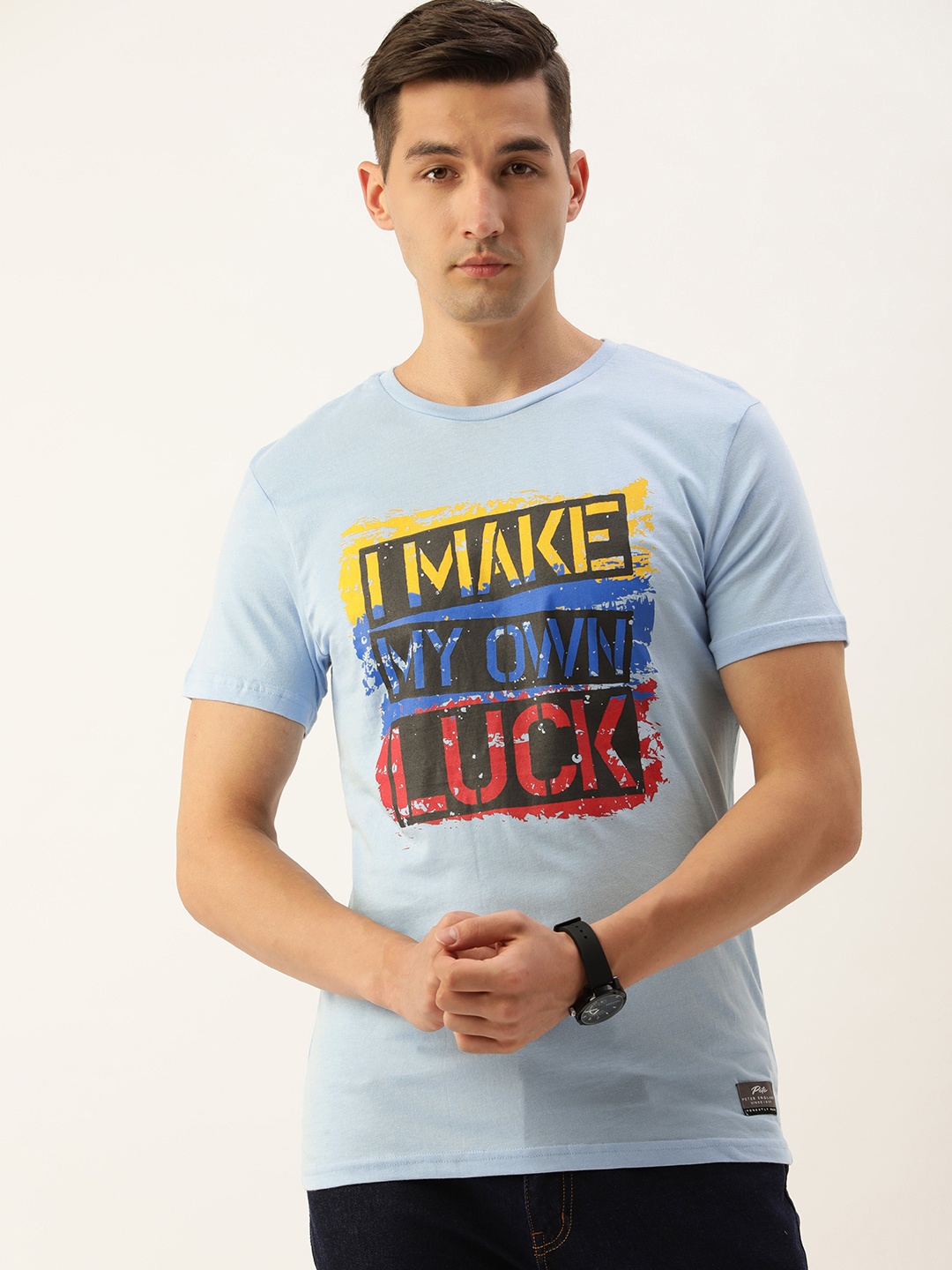 

Peter England Men Blue & Yellow Typography Printed Pure Cotton Slim Fit T-shirt