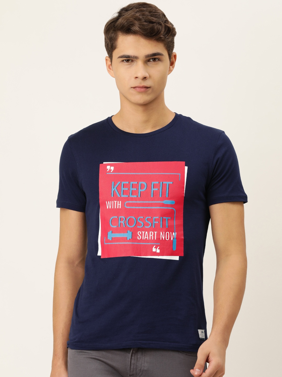 

Peter England Men Navy Blue Typography Printed Pure Cotton Slim Fit T-shirt