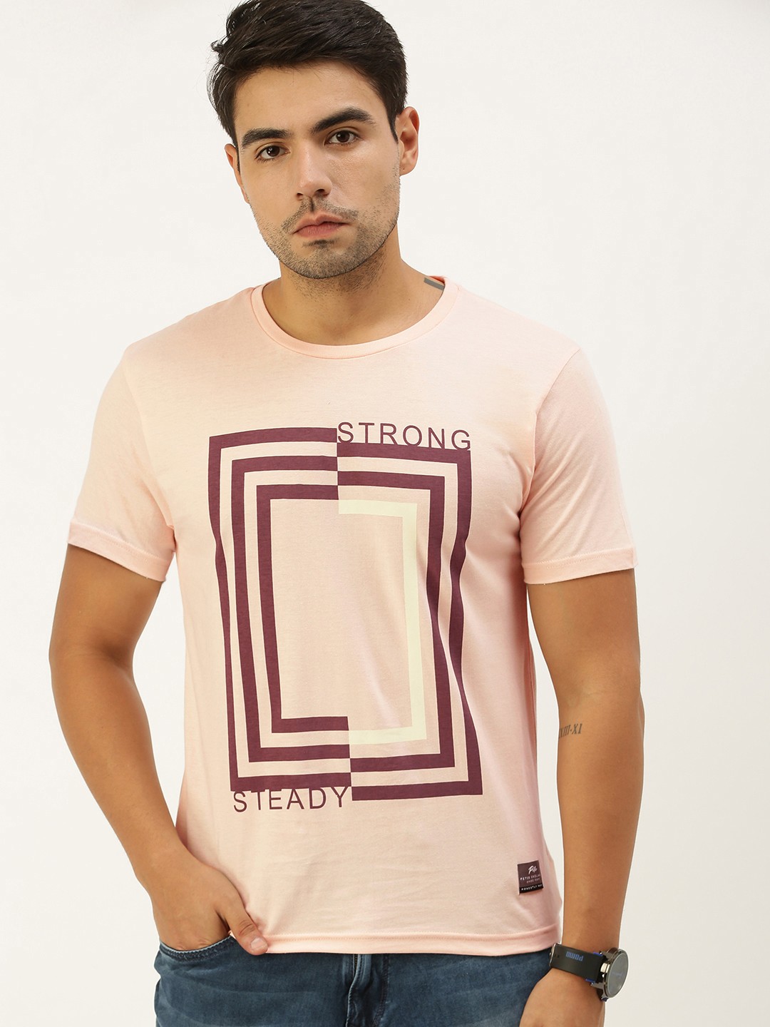 

Peter England Men Light Pink Typography Printed Slim Fit Cotton Casual Pure Cotton T-shirt