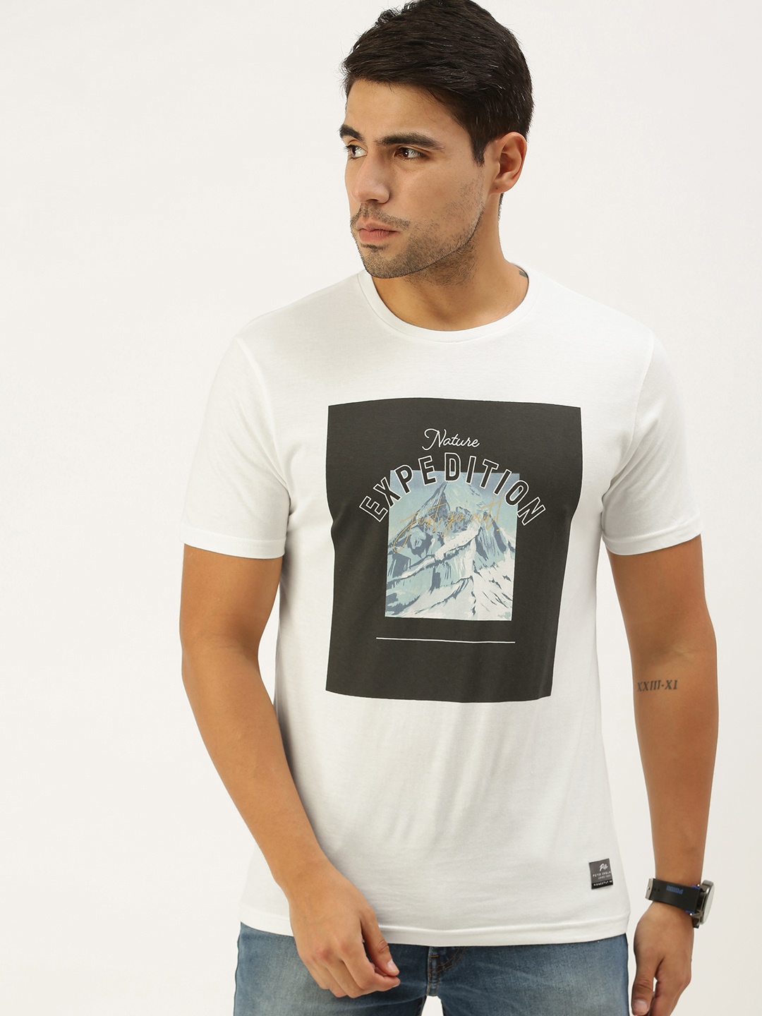 

Peter England Men White Graphic Printed Slim Fit Cotton Casual Pure Cotton T-shirt