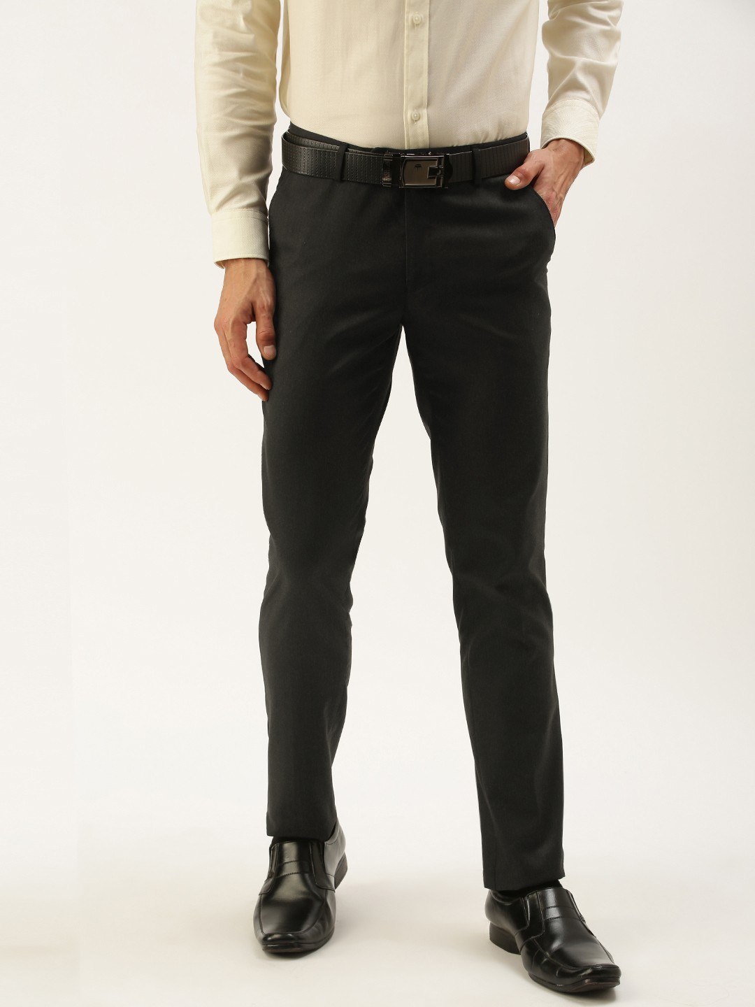 

Peter England Men Black Textured Slim Fit Formal Trousers