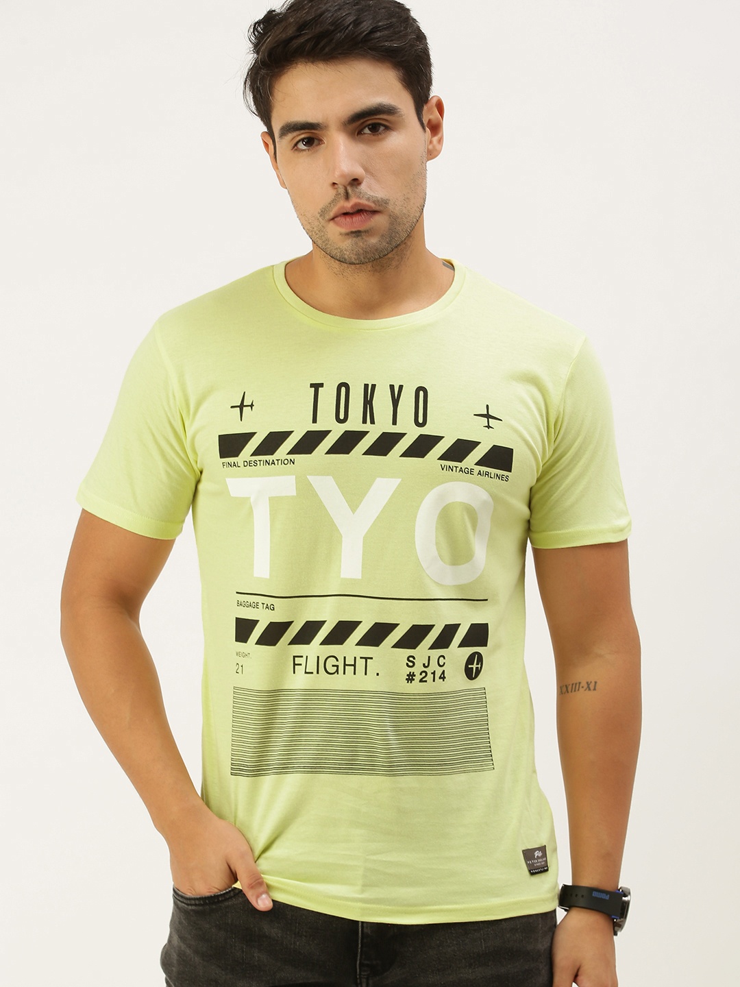 

Peter England Men Yellow Typography Printed Slim Fit Pure Cotton T-shirt