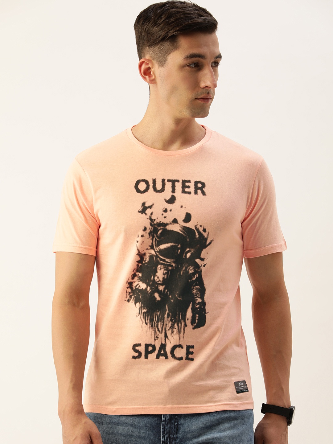 

Peter England Men Peach-Coloured & Black Printed Pure Cotton Slim Fit T-shirt