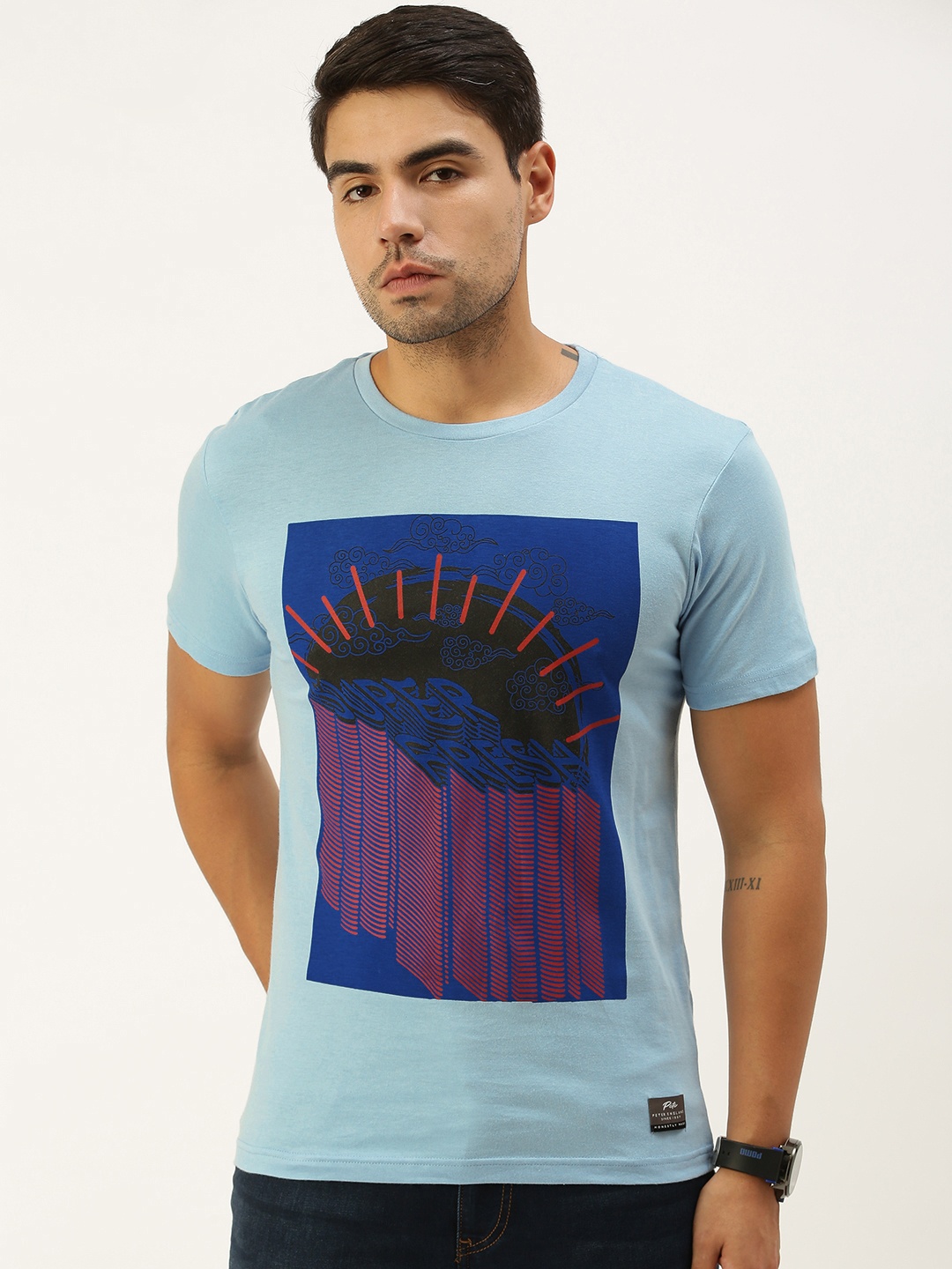 

Peter England Men Blue Printed Slim Fit Pure Cotton T-shirt