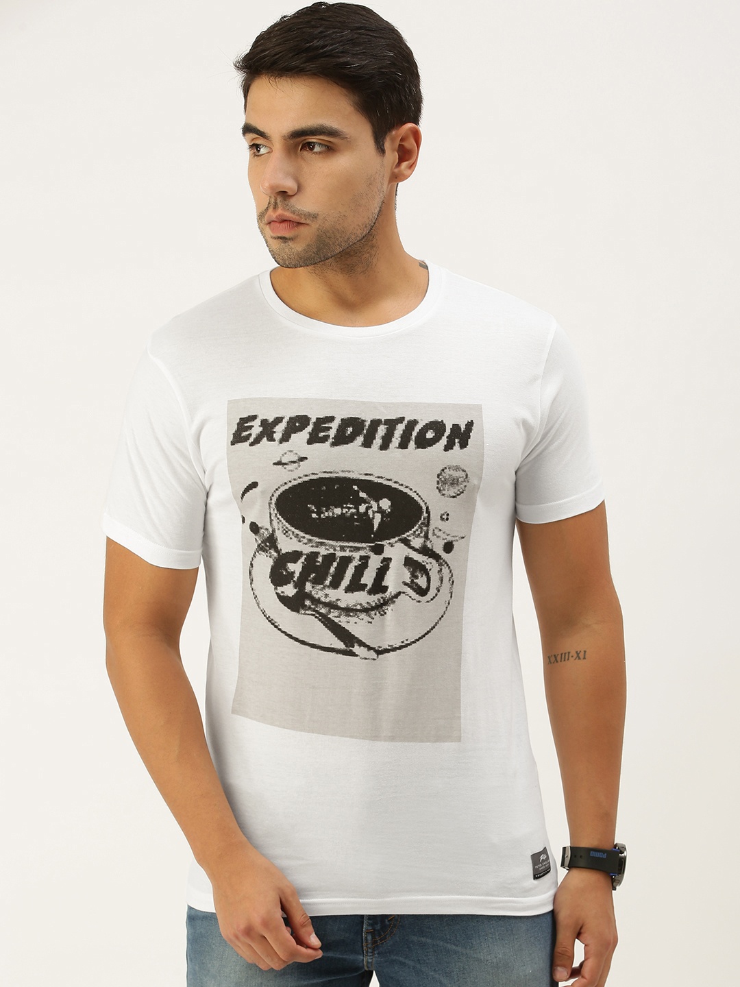

Peter England Men White Graphic Printed Slim Fit Cotton Casual Pure Cotton T-shirt