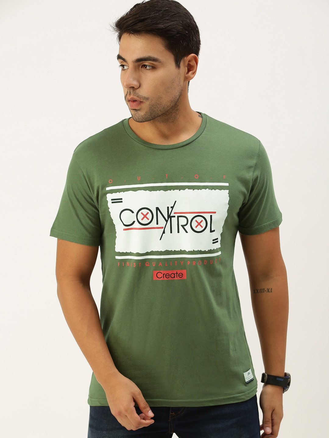 

Peter England Men Olive Green White Typography Printed Pure Cotton T-shirt