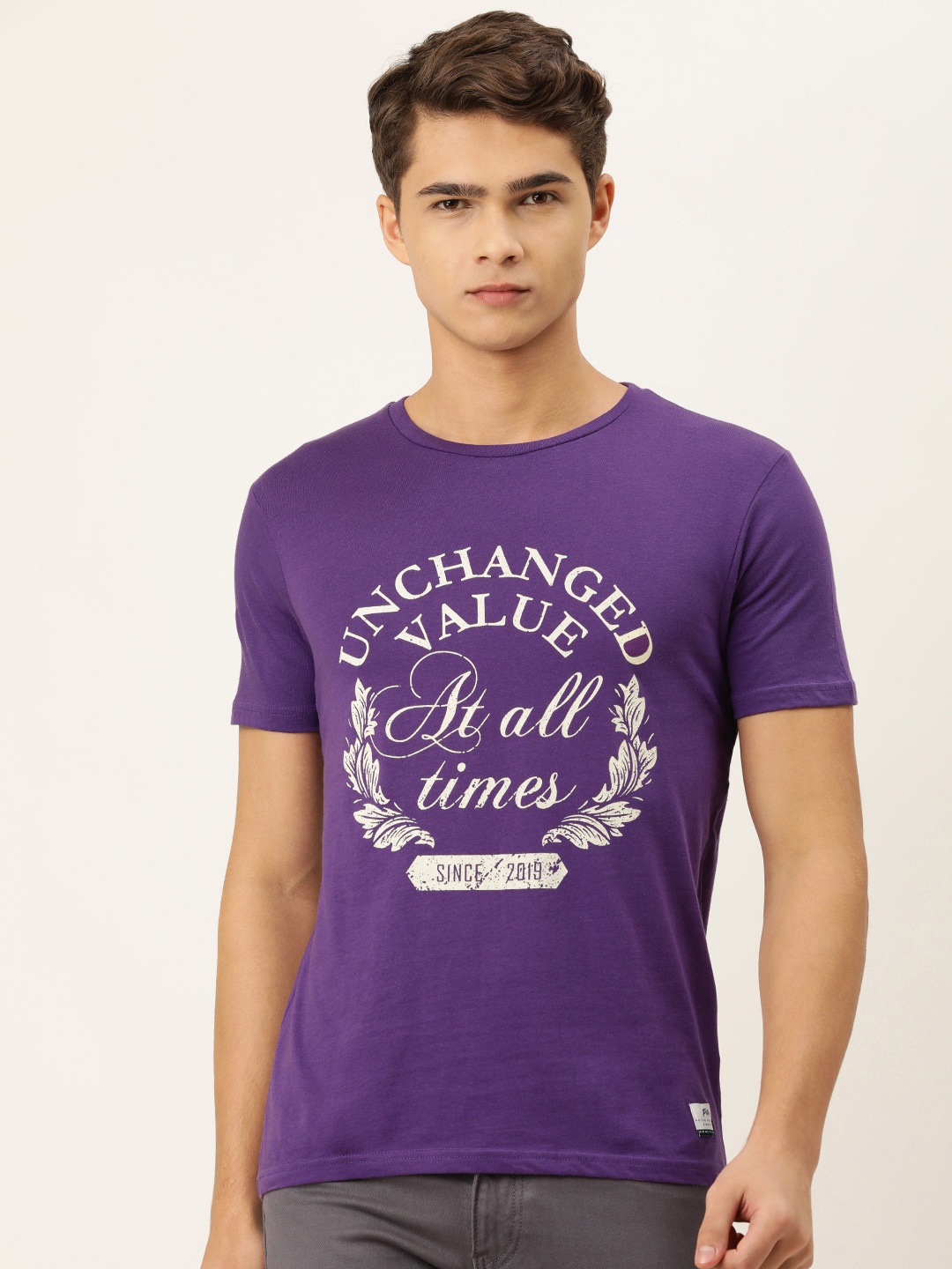 

Peter England Men Purple Typography Printed Pure Cotton Slim Fit T-shirt