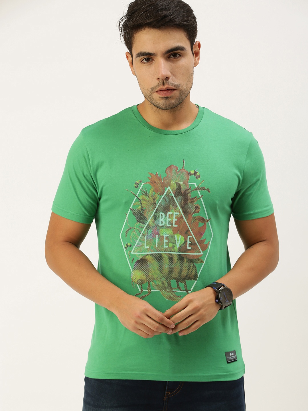 

Peter England Men Green Graphic Printed Pure Cotton T-shirt