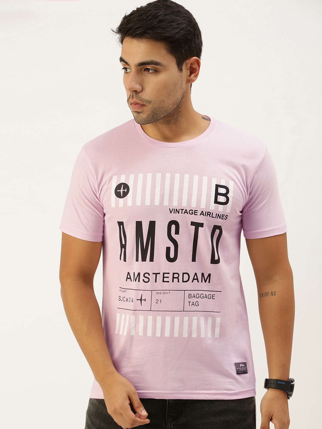 

Peter England Men Purple Black Typography Printed Pure Cotton T-shirt