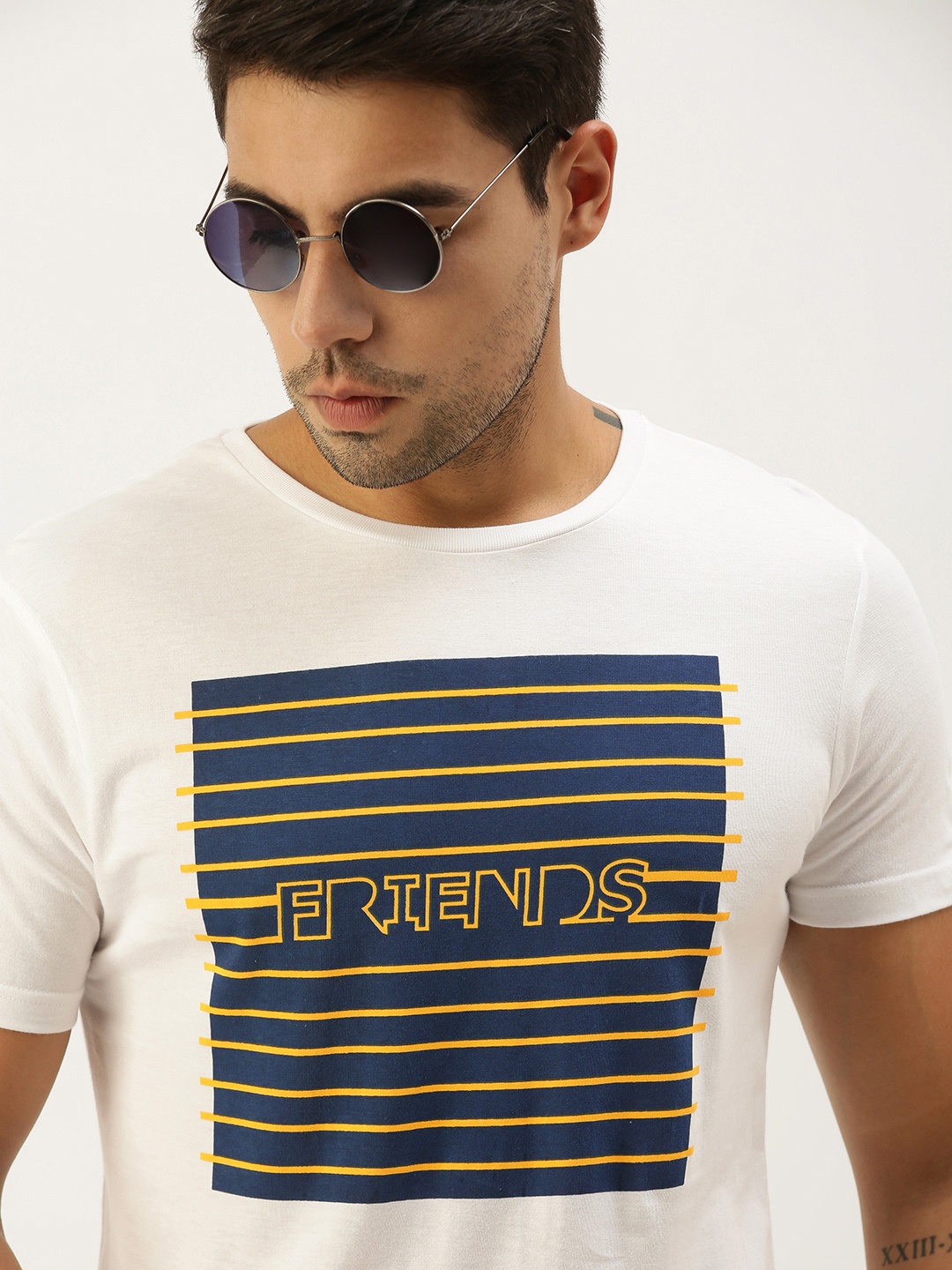 

Peter England Men White Printed Pure Cotton Slim Fit Pure Cotton T-shirt
