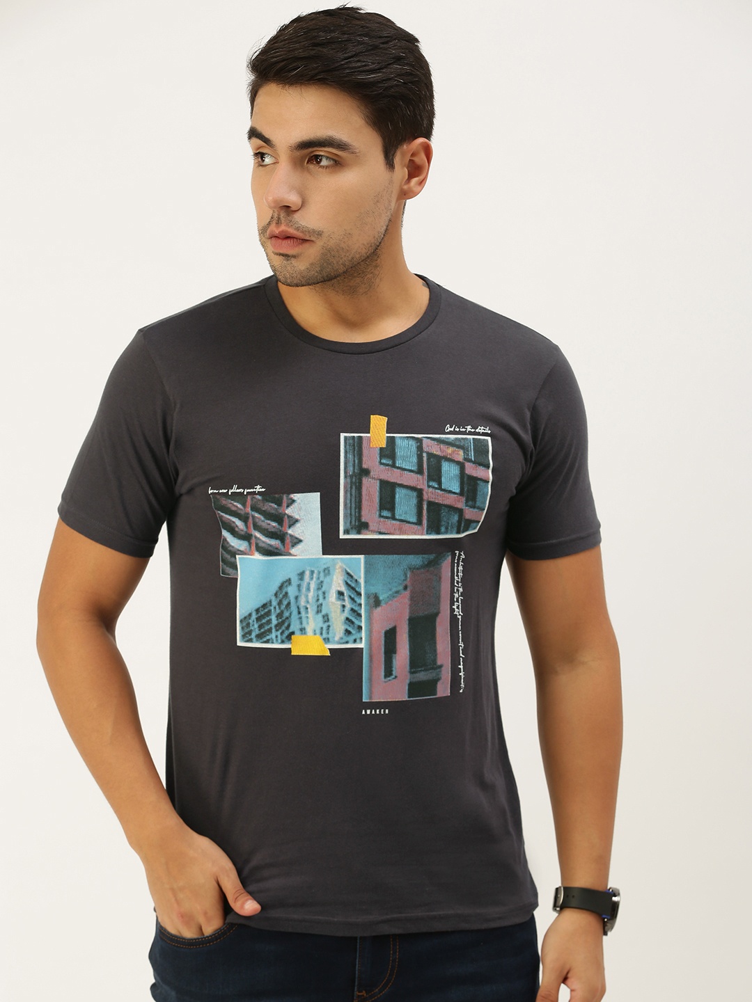 

Peter England Men Charcoal Grey Printed Slim Fit Pure Cotton T-shirt