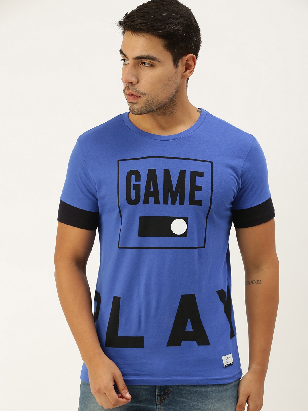 

Peter England Men Blue Black Typography Printed Pure Cotton T-shirt