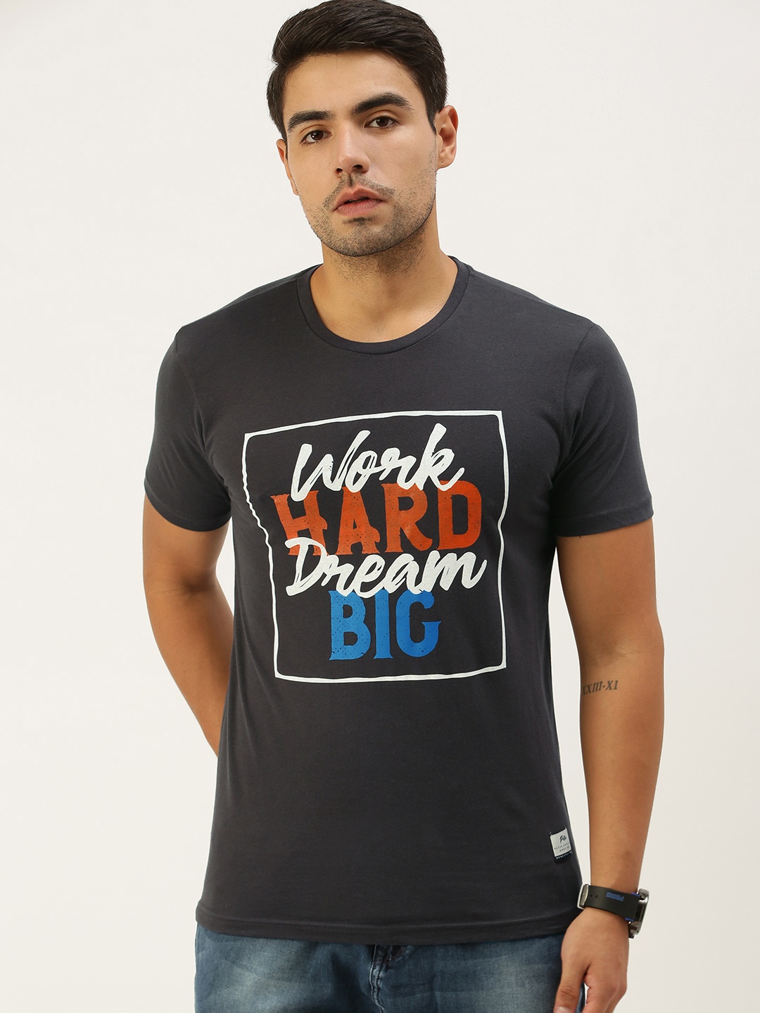 

Peter England Men Charcoal Grey Typography Printed Slim Fit Pure Cotton T-shirt