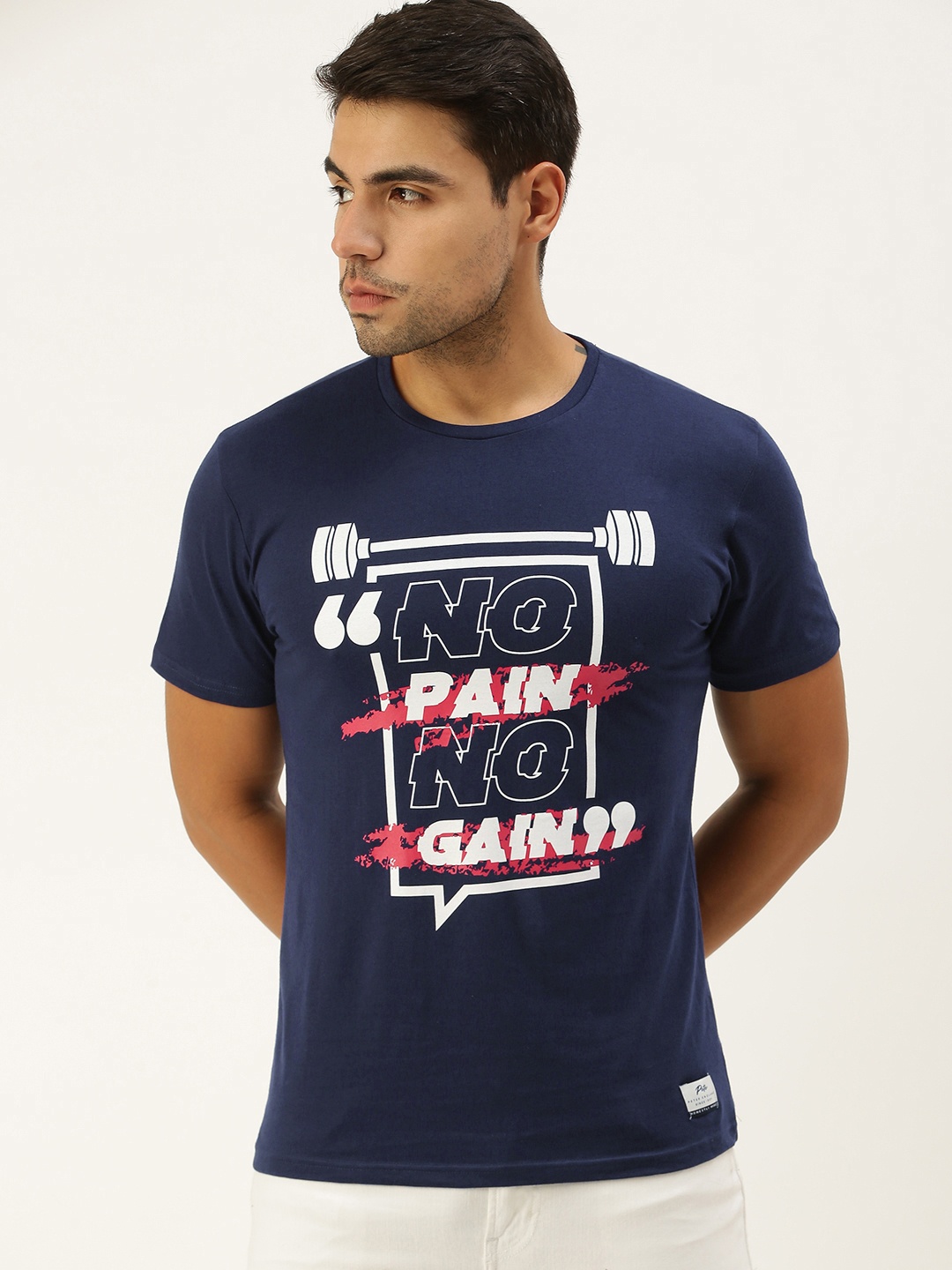 

Peter England Men Navy Blue Typography Printed Slim Fit Cotton Casual Pure Cotton T-shirt