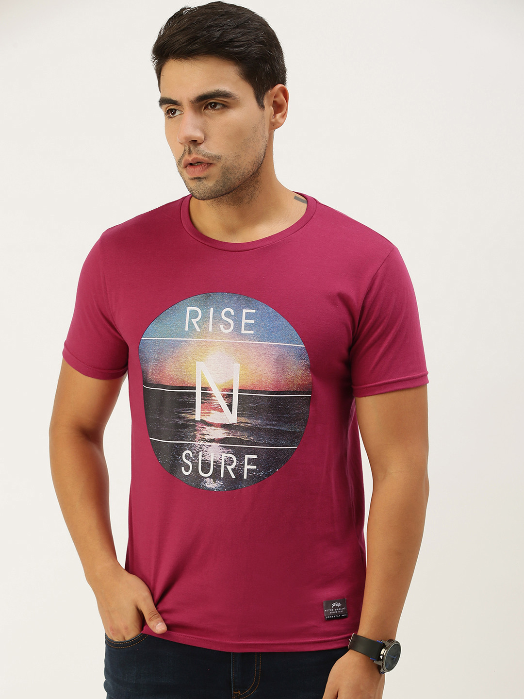 

Peter England Men Pink Printed Slim Fit Pure Cotton T-shirt
