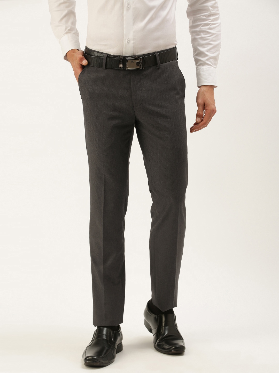 

Peter England Men Charcoal Checked Slim Fit Formal Trousers