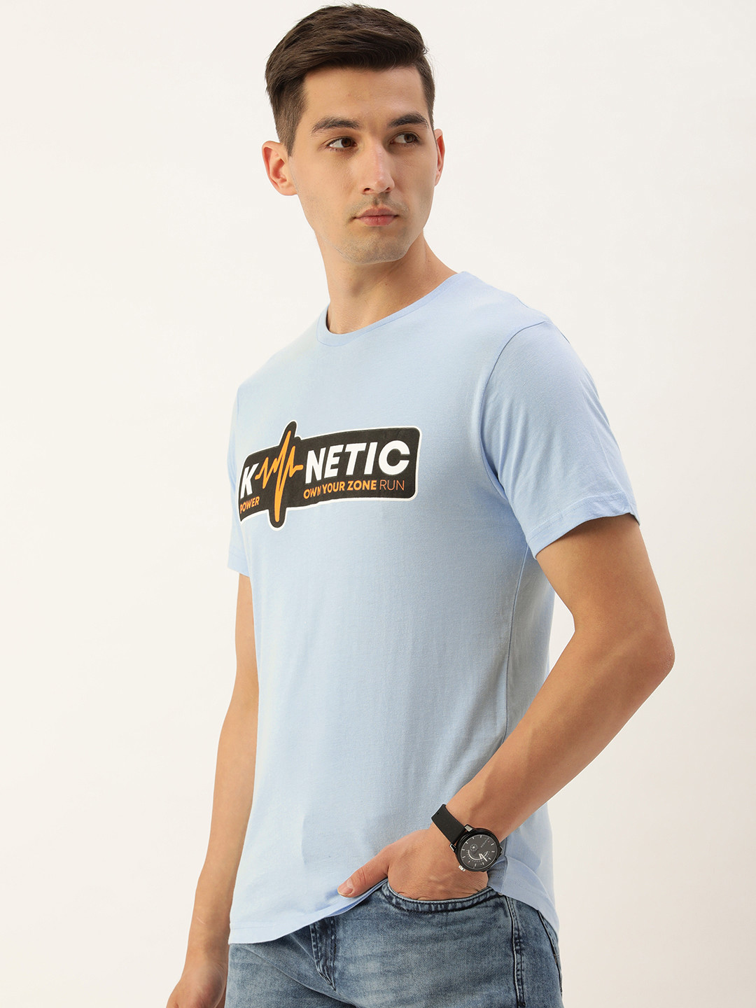 

Peter England Men Blue & Black Typography Printed Pure Cotton Slim Fit T-shirt