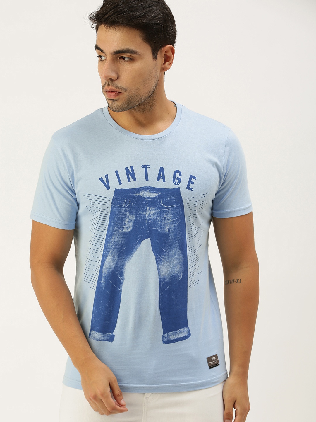 

Peter England Men Blue Printed Pure Cotton Slim Fit Pure Cotton T-shirt