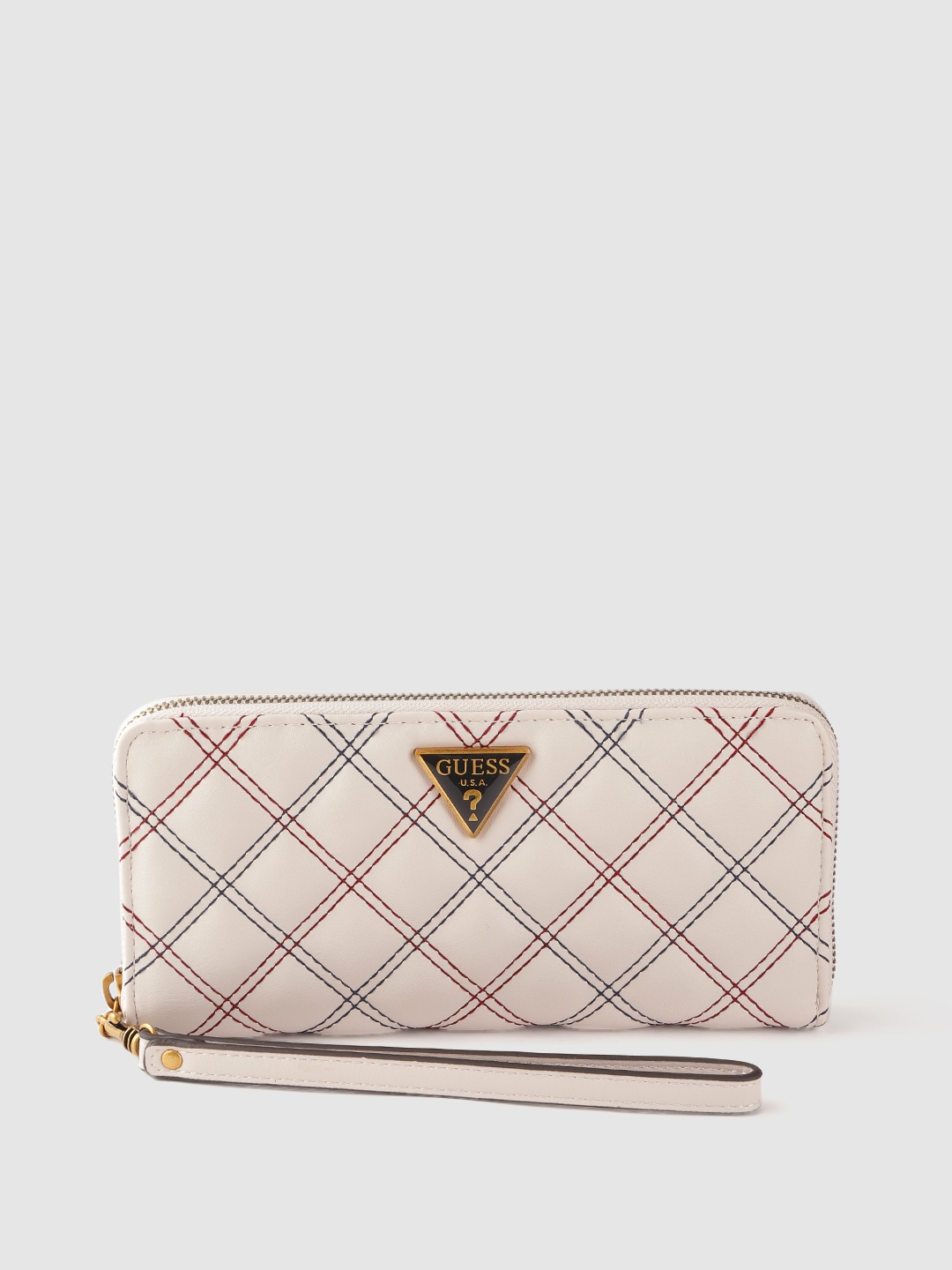 

GUESS Women Beige & Red Quilted PU Zip Around Wallet with Wrist Loop