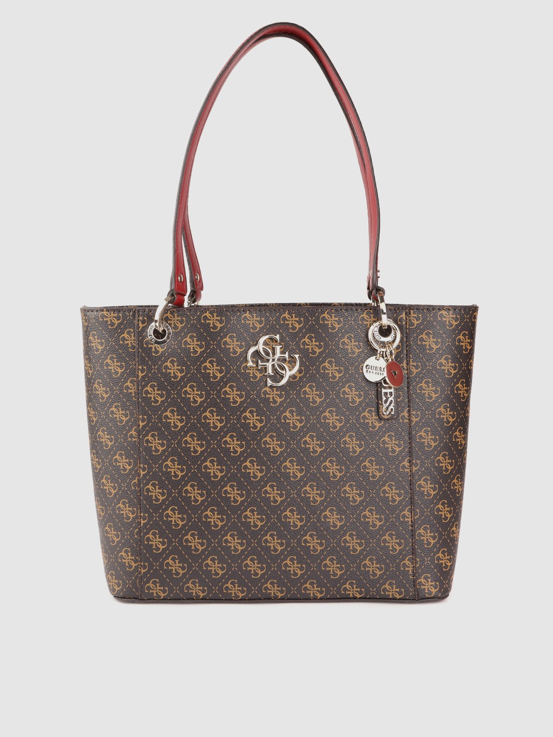 

GUESS Women Coffee Brown & Beige Brand Logo Print Structured Shoulder Bag