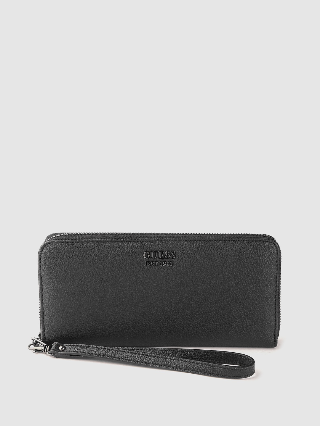 

GUESS Women Black Solid Zip Around Wallet with Wrist Loop