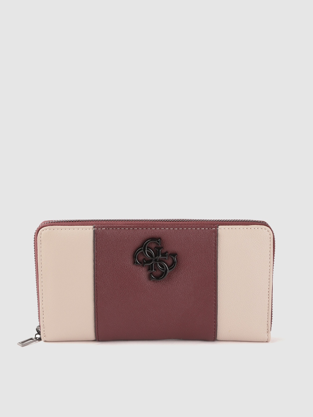 

GUESS Women Burgundy & Nude-Coloured Colourblocked Zip Around Wallet