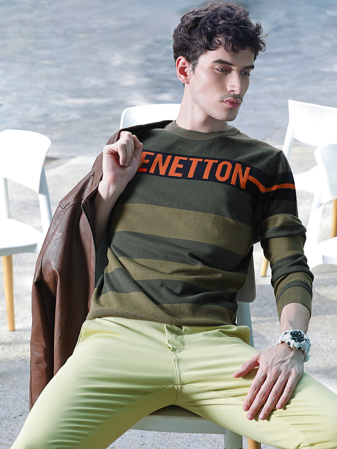 

United Colors of Benetton Men Olive Green & Orange Brand Logo Self-Design Pullover