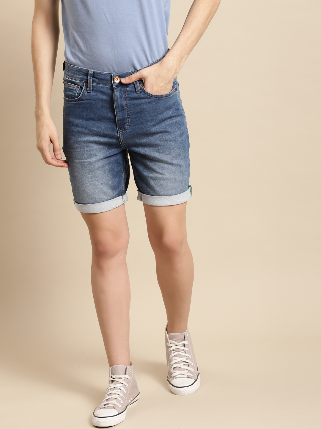 

United Colors of Benetton Men Blue Washed Slim Fit Denim Shorts