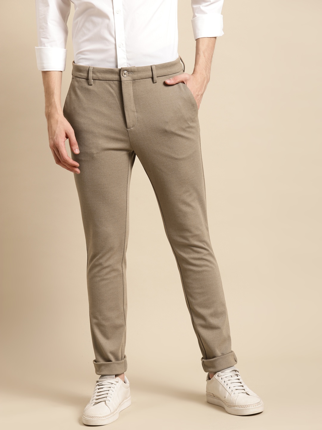 

United Colors of Benetton Men Beige Solid Slim Fit Trousers