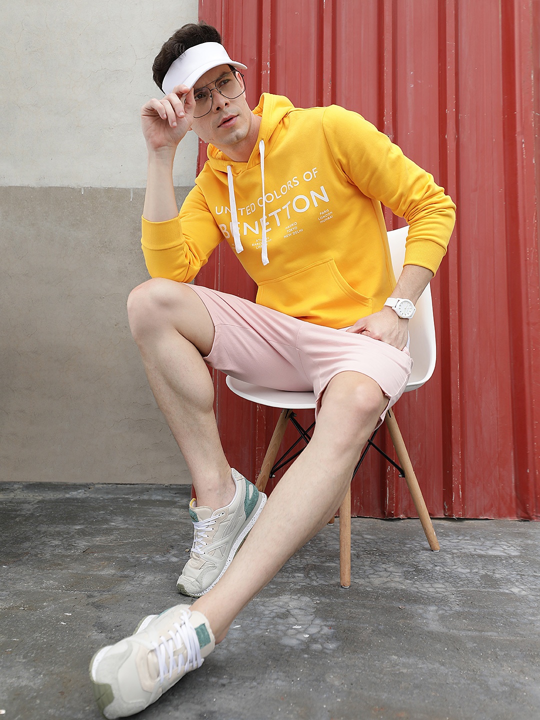 

United Colors of Benetton Men Mustard Yellow & White Printed Hooded Sweatshirt