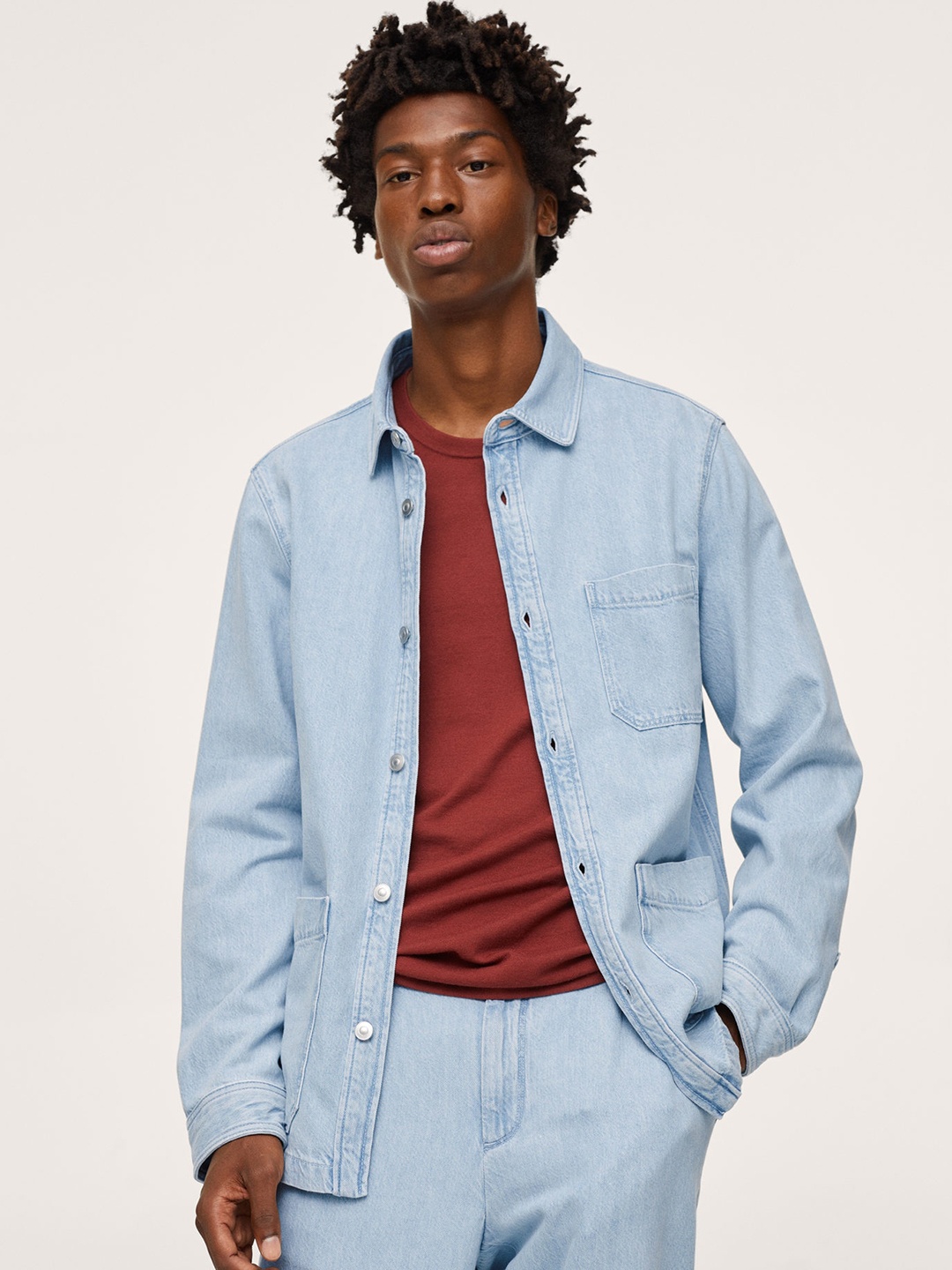 

MANGO MAN Blue Solid Denim Shacket