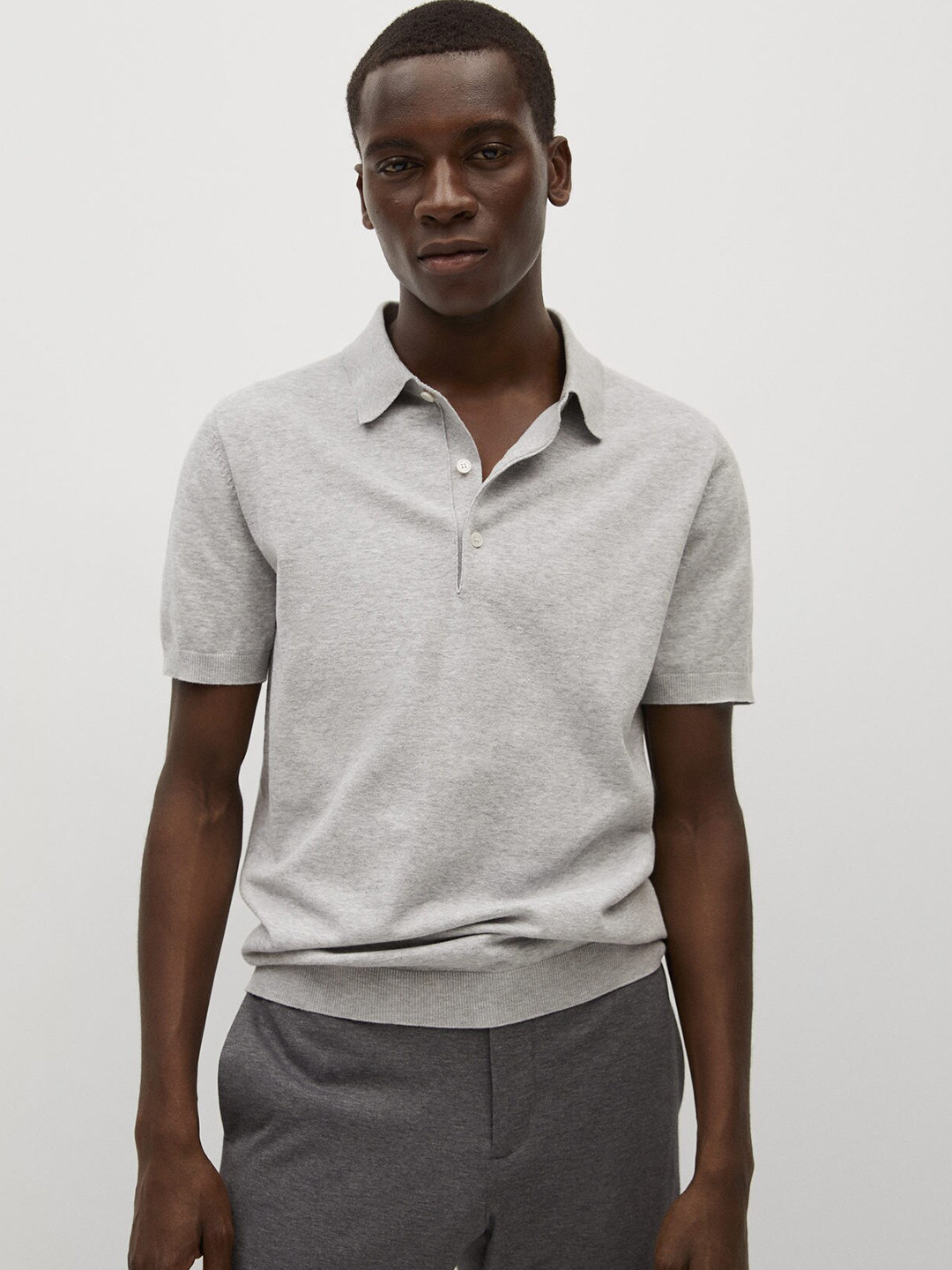 

MANGO MAN Grey Melange Polo Collar Performance T-shirt