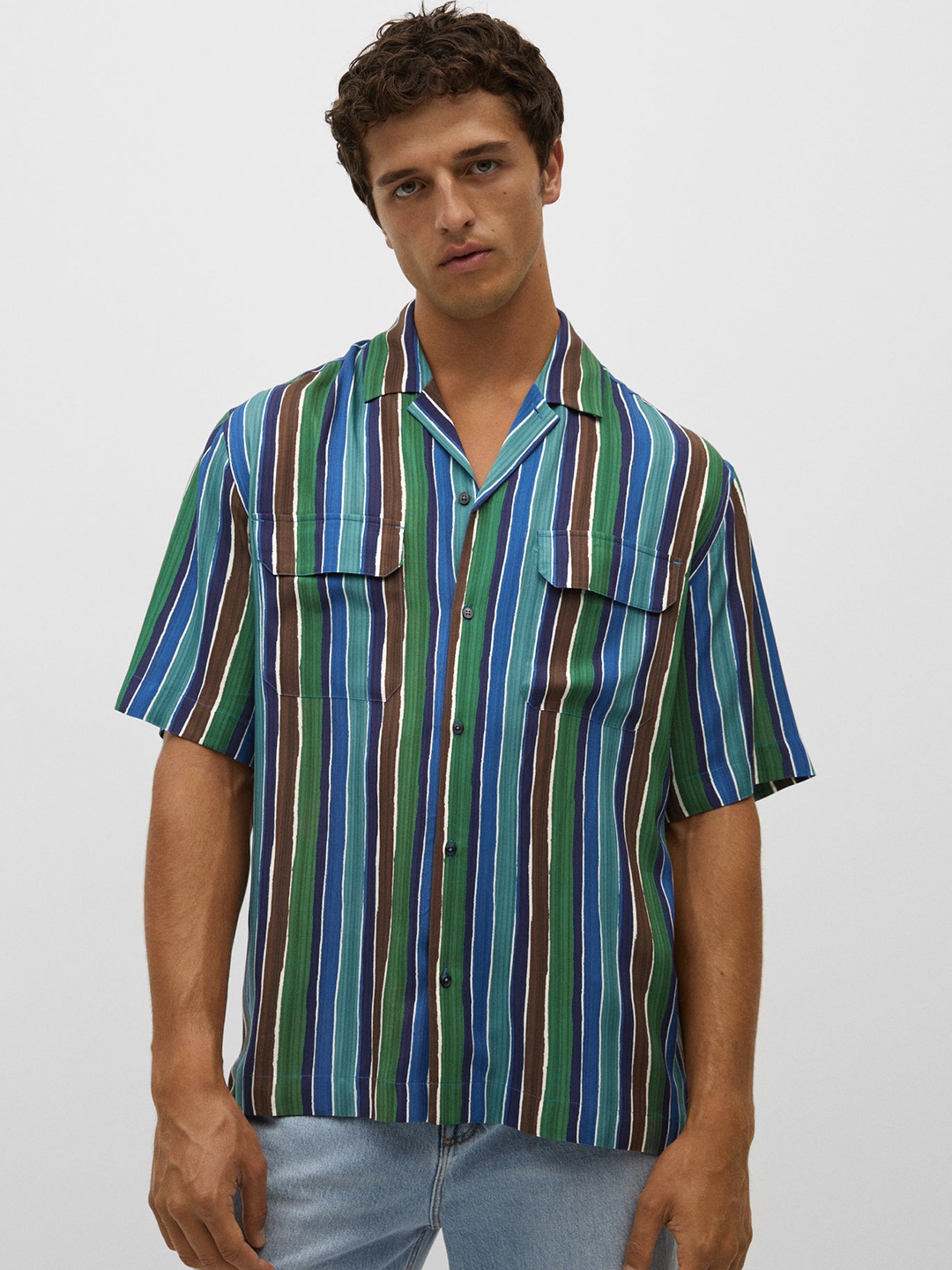 

MANGO MAN Men Blue Opaque Striped Casual Shirt