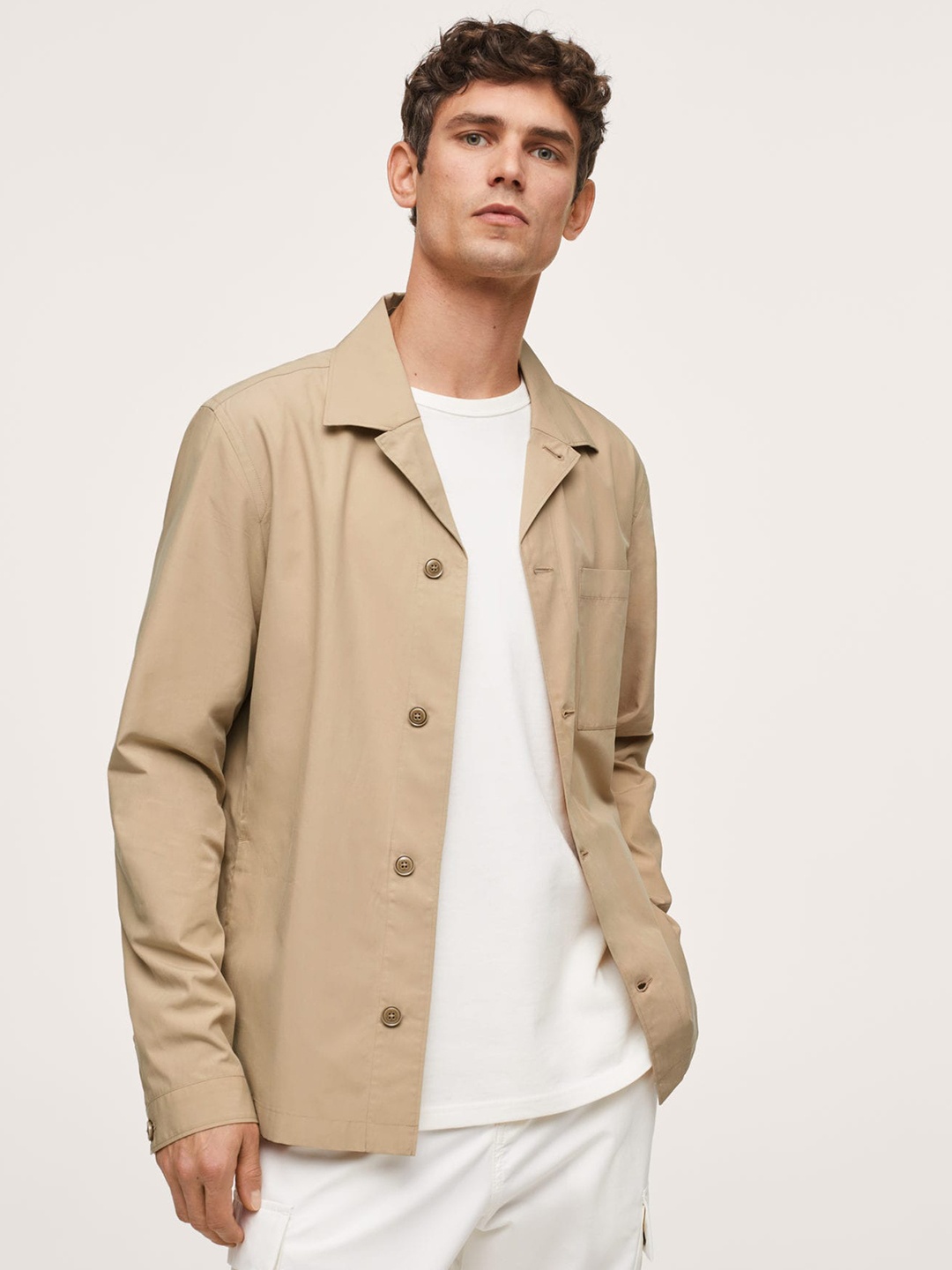 

MANGO MAN Men Beige Solid Shacket