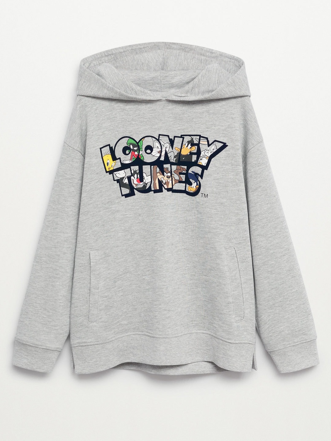

Mango Kids Boys Grey Melange & Black Looney Tunes Print Hooded Sweatshirt
